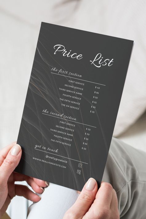 Customers appreciate efficiency. With a well-organized price list, they can quickly locate and understand pricing information without the need for extensive inquiries. This time-saving aspect contributes to a smoother and more satisfying customer experience. Black Price List Template, Aesthetic Small Business Price List, Canva Editable Price Sheet, Electronic Pricing Guide, Beauty Salon, Spa List Template Aesthetic, Black Small Business, Massage Flyer, Price List Template Design, Small Business Price List, Price List Design, Salon Price List, Template Black, Pricing Guides