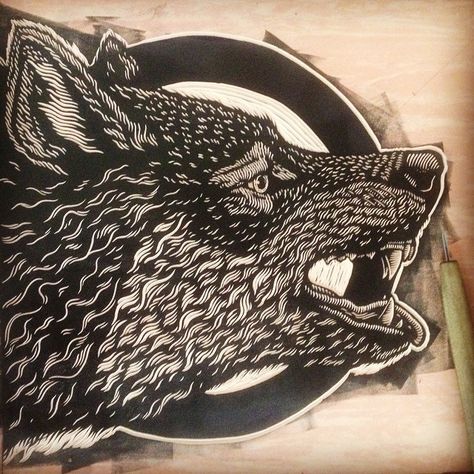 wolf wood block from Mazatl Wolf Linocut, Mexican Gray Wolf, Relief Printmaking, Linoleum Print, Linocut Printmaking, Lino Art, Gray Wolf, Relief Printing, Bleach Art