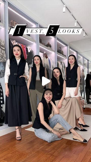 Melanie Mak on Instagram: "1 VEST, 5 LOOKS — ft. Ling Belted Tailored Vest from @lovebonito ⬇️ paired with these other pieces, also from Love, Bonito 💕  Look 1 — ft. Abigail Trapeze Camisole Midaxi Dress Look 2 — ft. Mayven Classic Button Down Shirt & Zoe Flare Maxi Skirt Look 3 — ft. Jaelia Crop Camisole Top + Yuna Tailored High Rise Pants Look 4 — ft. Xavia Denim Straight Leg Pants Look 5 — ft. Leonie Straight Cut Shorts  🛍️ Use code “LBXMELMAK” for 10% off min. 2pcs   (#watchthisspace as i share more styling inspo in my weekly Love, Bonito tryons on Mondays ☺️)   #readytolive #lovebonito #LBootd #outfitideas #outfitinspo" Button Up Vest And Skirt Outfit, Love Bonito Outfit, Vest Top Outfits, Skirt Classy, Cut Shorts, Tailored Vest, Flare Maxi Skirt, Love Bonito, Cropped Camisole