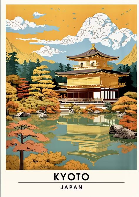 Japanese City Illustration, Japanese Aesthetic Poster, Kyoto Illustration, Travel Magazine Cover, Travel Graphic Design, Japan Postcard, Postcards Inspiration, Sakura Art, Japanese Art Styles