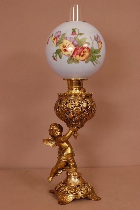 Victorian Cherub Banquet Lamp with Pansies Globe on an Iron Base 1895 Gone With The Wind Lamps, Victorian Cherub, Victorian Floor Lamps, Vintage Oil Lamps, Victorian Lighting, Banquet Lamp, Marble Ball, Victorian Lamps, Victorian Home Decor