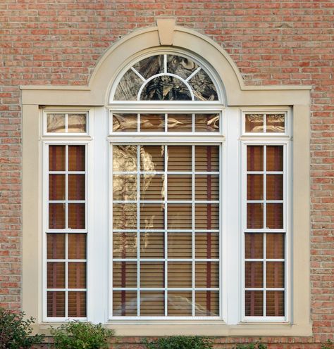 Palladian WIndow: A three part window featuring a large arched center and flanking rectangular sidelights. Craftsman Trim Window, Venetian Window, Palladian Window, Craftsman Trim, French Window, Window Designs, Classic Window, Window Trim Exterior, Window Grill Design