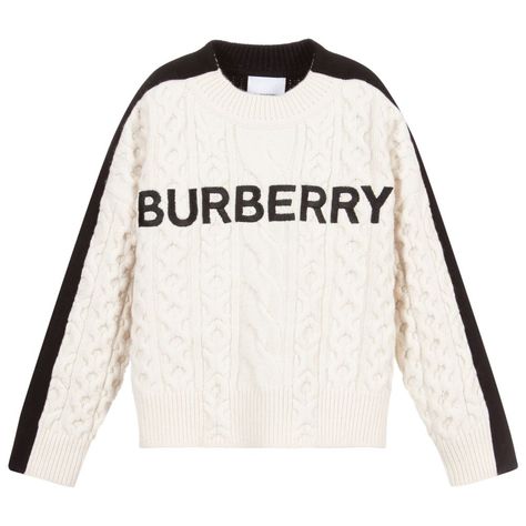 brand Black White Wool Sweater, Burberry Top, Burberry Skirt, White Cable Knit Sweater, Burberry Sweater, Burberry Tops, Kids Blouse, Checked Blouse, Girls Joggers