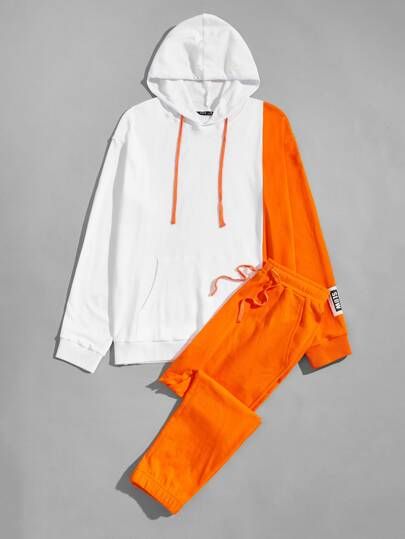 Men Neon Orange Colorblock Drawstring Hoodie & Joggers Set | SHEIN USA Shein Men, Hype Clothing, Stylish Hoodies, Trendy Hoodies, Joggers Set, Mens Casual Dress Outfits, African Men Fashion, Mens Casual Dress, Black Men Fashion