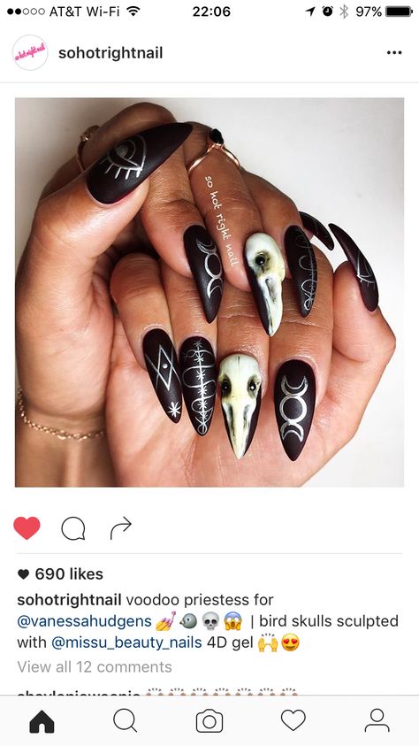 Skull Nail Art, Nail Piercing, Wolf Skull, Skull Nails, Crow Skull, Celebrity Nails, Goth Nails, Bird Skull, Nail Health