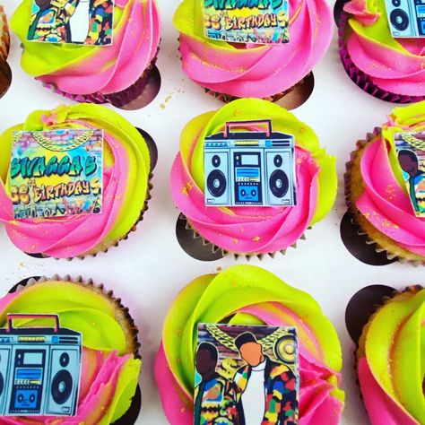 Colorful, neon 90’s theme cupcakes. #b6creations #dripcake #90saesthetic #90sparty #freshprinceofbelair #customcakes #b6creat 90s Theme Party Cake, 90s Themed Cupcakes, 90s Theme Cupcake Ideas, Prince Theme Cupcakes, 90s Cupcakes, 80s Cupcakes, 1990s Birthday Party Theme, Fresh Prince Theme, Playstation Cake