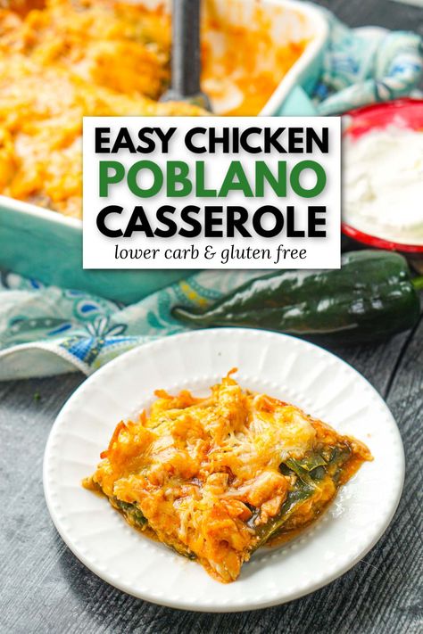 This easy chicken poblano casserole recipe is full of Mexican flavors and perfect for using fresh poblano peppers from the garden. You only need 4 ingredients and you can make this delicious casserole that is gluten free and lower carb. Great comfort food that's easy to make! Chicken Pablano Pepper Casserole, Stuffed Poblano Pepper Casserole, Crockpot Poblano Chicken, Cheap Easy Chicken Casseroles, Poblano Recipes Healthy, Chicken And Poblano Peppers, Poblano Chicken Enchilada Casserole, Chicken Poblano Casserole, Poblano Chicken Recipes