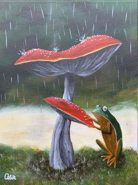 frog under rain Mushroom And Frog Painting, Frog In Rain, Frog Acrylic Painting, Frog Under Mushroom, Drawing Rain, Acrylic Frog, Rain Illustration, Mushroom Paint, Rain Painting