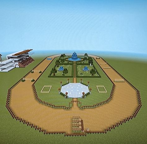 Minecraft Horse Trough, Minecraft Horse Farm Ideas, Horse Arena Minecraft, Minecraft Swem Stables, Stables In Minecraft, Horse Minecraft Build, Horse Track Minecraft, Minecraft Horse Jumping Arena, Minecraft Horse Ranch Ideas