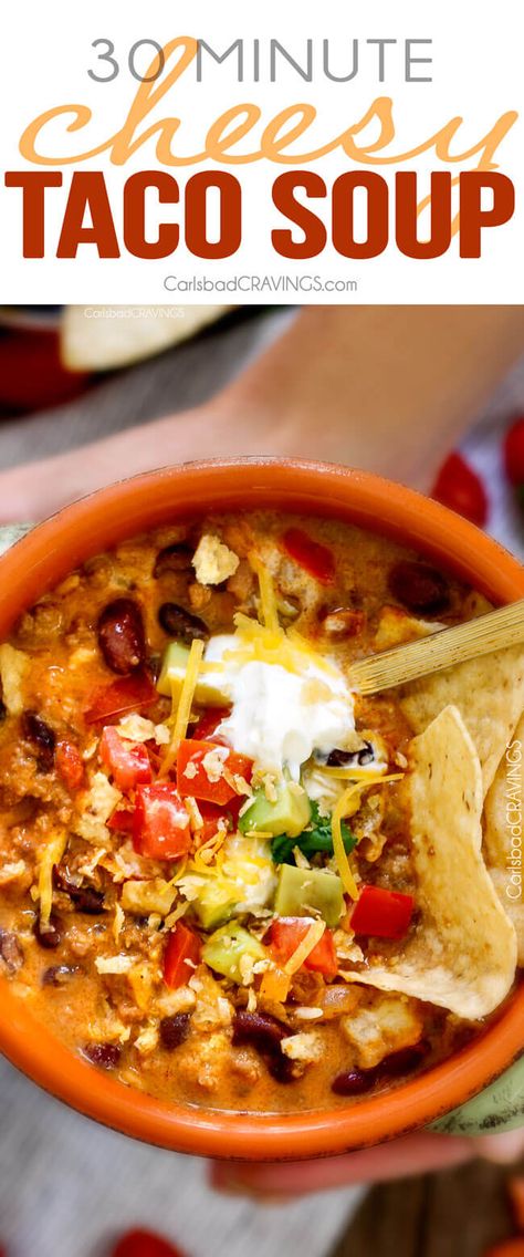 Taco Soup from Carlsbad Cravings - yummy soup that can be made in 30 minutes or less and other great soup recipes Cheesy Taco Soup, Cilantro Lime Chicken Tacos, Taco Soup Recipe Easy, Lime Chicken Tacos, Chicken Taco Salad, Easy Taco Soup, Carlsbad Cravings, Taco Soup Recipe, Cilantro Lime Chicken