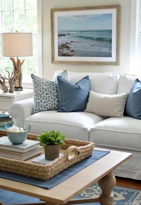 Coastal Style Decorating ideas, Coastal Style Decorating Blue Sofa Cushion Ideas, Coastal Coffee Table Decor, Beachy Paintings, Beach House Decor Living Room, Traditional Coastal Decor, Beachy Farmhouse, Coastal Coffee Table, Big Coffee Table, Coastal Style Decorating