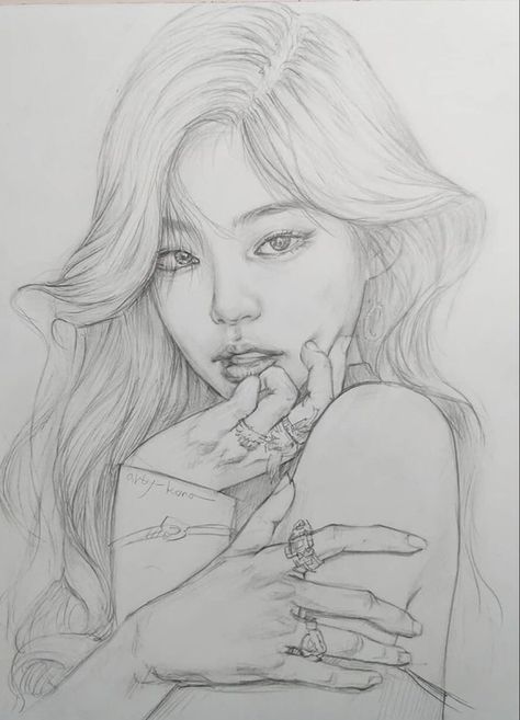 Jennie From Blackpink, Pink Drawing, Girl Drawing Sketches, Celebrity Drawings, Kpop Drawings, Easy Drawings Sketches, Arte Inspo, Portrait Sketches, Fan Art Drawing