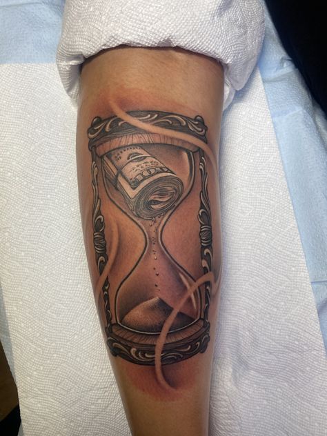 Hourglass Money Tattoo, Money Hourglass Tattoo, Wealth Tattoos Men, Money Is Time Tattoo, Time Is Money Tattoo For Men, Money Over Everything Tattoos, Money Tattoo Ideas For Women, Money Tattoos Women, Time Waits For No One Tattoo