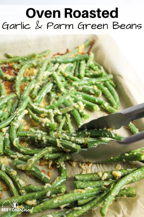 Garlic and Parmesan Oven Roasted Green Beans. With this easy fresh green bean recipe you can enjoy tasty cheesy garlic green beans that are crispy and delicious. Roasted Parm Green Beans, Garlic Parm Green Beans, Parmesan Green Beans Baked, Parmesean Green Beans, Parmesan Garlic Green Beans, Roasted Garlic Green Beans, Canned Green Bean Recipes, Oven Green Beans, Parmesan Roasted Green Beans