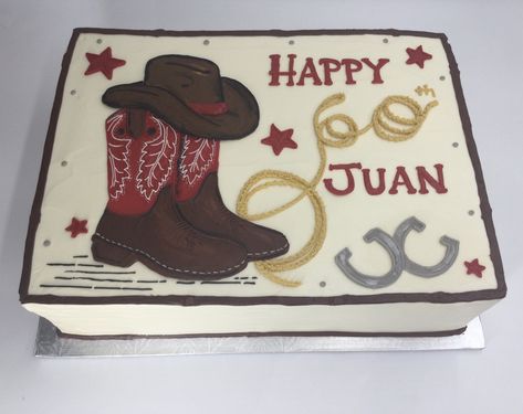 Western Sheet Cake, First Rodeo Sheet Cake, Cowboy Sheet Cake, Cowboy Cake Ideas For Men, Cowboy Theme Sheet Cake, Cowboys Cake For Men, Rodeo Cake, Graduation Sheet Cakes, Cowgirl Cakes