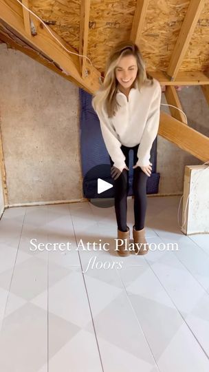 2.5K views · 35 reactions | ✨ Secret Attic Playroom Stenciled Floor Reveal! Welp, Lauren from @farmhouseish does it again! I think it’s safe to say that she is truly one of the best when it comes to bringing her design ideas to life. After installing her wood plank floors, she decided to paint and stencil an adorable harlequin pattern. “I used the 16x16 simple square stencil from @cuttingedgestencils so I wouldn’t have to tape and used Horizon by Benjamin Moore to create this whimsical harlequin pattern! I’m OBSESSED with how cute and subtle this is! When it dries a little more I’ll seal it with several coats of a clear matte poly!” Head over to her page to get the full details and to follow along as she finishes the most magical space for her sweet girls. I don’t know about you, but Attic Secret Room Ideas, Playroom Flooring Ideas, Playroom Attic, Attic Playroom Ideas, Wood Plank Floors, Secret Attic, Attic Floor, Playroom Flooring, Painted Wood Floors