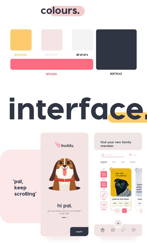 buddy. Find your new family member. App design Ui/Ux on Behance Ui Ux Design Website, Moodboard App, Ux Design Website, Desain Ux, App Design Ui, Ux Design Principles, App Design Layout, Ux App Design, Mobile App Design Inspiration