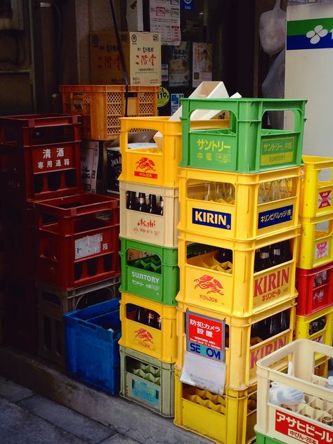 Gettin' the beers in!  Shimbashi backstreet, Tokyo. #tokyo #japan #beer Sapporo Beer, Street Food Design, Japan Interior, Japanese Beer, Beer Case, Beer Crate, Plastic Crates, Japan Street, Movie Posters Design