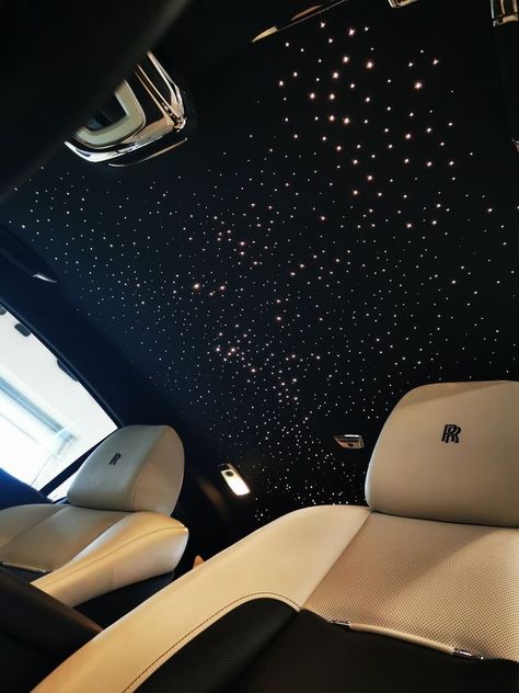 Car With Lights Inside, Car Decorations Interior Led Lights, Car Inside Lights, All Black Interior Car, Car Decorations Interior Dark Aesthetic, Starlight Ceiling Car, Cars With Star Roof, Car Ceiling Lights, Car Roof Star Lights