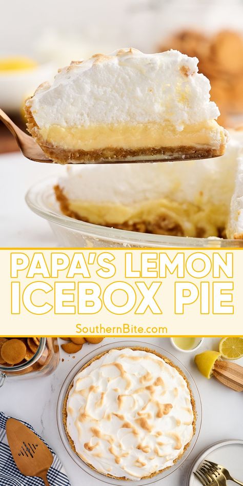 This easy Lemon Icebox Pie recipe combines a creamy, tangy lemon filling made with sweetened condensed milk and fresh lemon juice with a light and fluffy meringue topping. Lemon Ice Box Pie With Meringue, Icebox Lemon Pie Condensed Milk, Lemon Butter Pie, Lemon Pie Cake, Lemon Ice Box Pie Recipe, Citrus Pie, Lemon Pie Recipe Condensed Milk, Easy Lemon Icebox Pie, Refrigerator Desserts