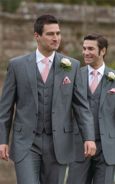 dark grey suits and light pink ties for a contrast Grey Suit Pink Tie, Pink Groomsmen, Wedding Suits Men Grey, Best Wedding Suits, Grey Suit Wedding, Groomsmen Grey, Grey Suits, Grey Suit Men, Dark Gray Suit