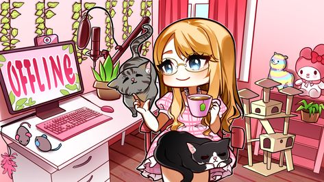 Theme Ideas For Fanpage, Twitch Offline Banner, Vtuber Inspiration, Cute Outfits Aesthetic, Korean Cute Outfits, Twitch Scenes, Twt Banner, Chibi Pose, Twitch Graphics