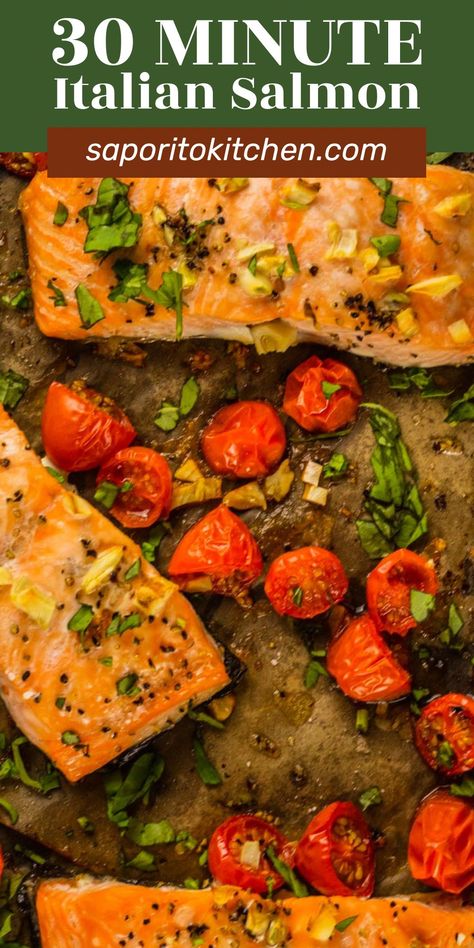 This Italian salmon recipe is full of fresh, delicious flavors. Salmon fillets are roasted in the oven with fresh tomatoes, and garlic and finished off with fresh basil. This easy recipe is done in less than 30 minutes in a few simple steps, for the perfect weeknight meal. Salmon With Basil, Salmon And Basil Recipes, Basil Salmon Recipes, Salmon With Roasted Tomatoes, Basil Salmon, Salmon With Tomatoes, Italian Salmon Recipes, Italian Salmon, Salmon Basil