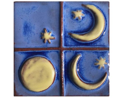 Moon Tile, Moon In The Night Sky, Ceramic Wall Art Tiles, Easy Wall Hanging, Prince Frederick, Ceramic Mosaic Tile, Handmade Tile, Phases Of The Moon, Ceramic Wall Art