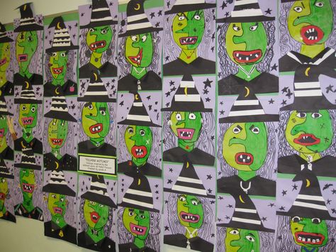 Picasso Witch Collage, gr.3 Halloween Crafts 3rd Grade, Witch Art For Kids, Crafts 3rd Grade, Second Grade Halloween Art Projects, Grade 5 Halloween Art, Grade 6 Halloween Art, Picasso Witch Art Project, Picasso Frankenstein Art Lesson, Third Grade Halloween