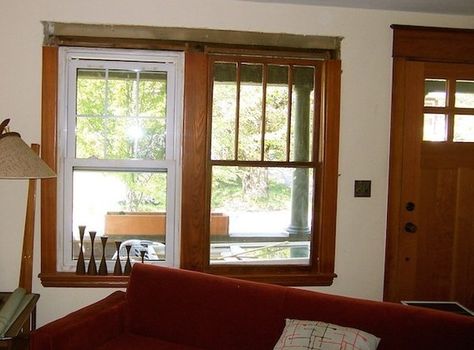 Decor Disputes: White Windows with Wood Trim, Yes or No?    #["wood", "woodworking", "Decor-Disputes"] White Windows With Wood Trim, Wood Windows White Trim, Windows With Wood Trim, Home Window Design, Wood Window Trim, Honey Oak Trim, White Window Trim, Stained Wood Trim, Natural Wood Trim