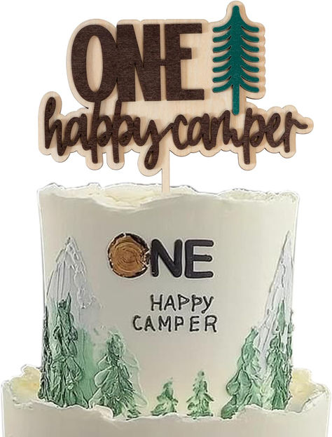 Happy Camping 1st Birthday Wooden Cake Topper - Summer Camping Picnic Hiking Adventure Themed Party Camping Cake Decoration, Green Woodland Cake Top For Boys (Camper Topper) #ad #onehappycamper #happycamper #camper #camping #happycamper #firstbirthday #caketopper #firstbirthdaypartysupplies #firstbirthdaypartytheme #firstbirthdayideas #ONE One Happy Camper Birthday Cake, One Happy Camper Smash Cake, First Birthday Camping Theme, Camping 1st Birthday, Camper Cakes, Camping Cake, Camp Birthday, First Birthday Board, Camping Cakes