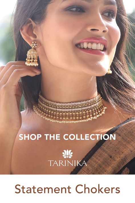 Adorable Choker Set From Tarinika Pearl Choker With Saree, Minimal Choker Necklace, Indian Choker Necklace Simple, Delicate Choker Necklace Indian, Choker On Saree, Gold Choker Necklace Set Simple, Minimal Bridal Jewelry Indian, Chokkar Set Design Simple, Choker Set In Gold