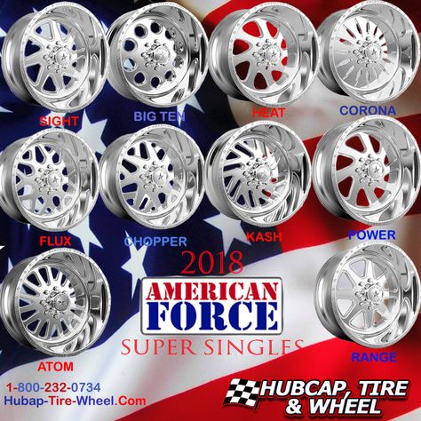 Newest styles for 2018 American Force Wheels Super Single Mirror Polished Finish Rims. - Sight.  - Big Ten. - Heat. - Corona. - Flux.   - Chopper. - Kash. - Power. - Atom. - Range. Truck Rims And Tires, American Force Wheels, Custom Wheels And Tires, Single Mirror, Truck Rims, Automobile Advertising, Midlife Crisis, Ram Truck, Model Ideas