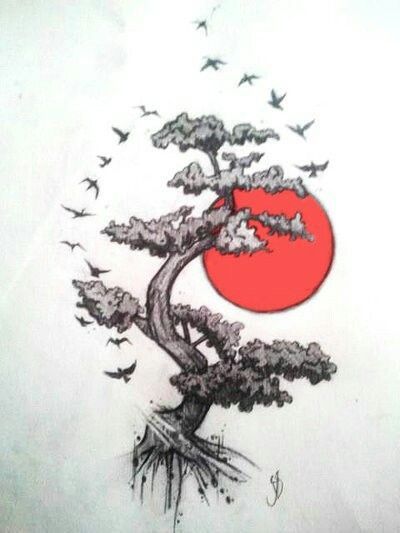 Japanese Clock Tattoo, Korean Tree Tattoo, Japan Tree Tattoo, Asian Tree Tattoo, Japanese Bonsai Tree Tattoo, Japanese Tattoo Simple, Japanese Tree Tattoo, Taoism Art, Bonsai Tattoo