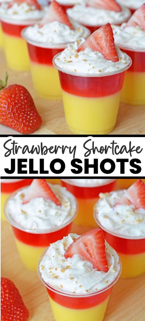 Easy Pudding Shots, Layered Strawberry Shortcake, Strawberry Jello Shots, Pudding Shot Recipes, Jello Pudding Shots, Easy Puddings, Pudding Shots, Cocktail Drinks Alcoholic, Jello Shot Recipes