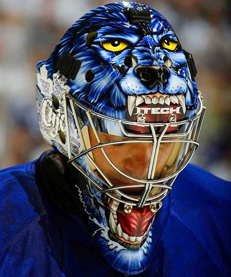 curtis joseph '08 goalie mask | toronto maple leafs hockey #nhl Found on .. http://wonderpiel.com/ Hockey Helmets, Goalie Gear, Hockey Helmet, Toronto Maple Leafs Hockey, Maple Leafs Hockey, Mask Painting, Hockey Mask, Goalie Mask, Hockey Goalie