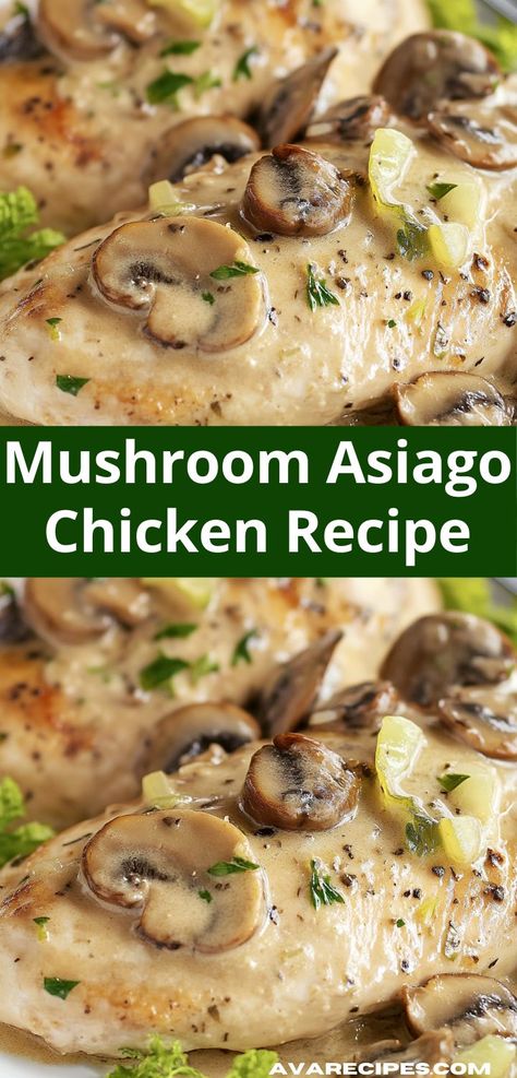 This Mushroom Asiago Chicken recipe features tender, sautéed chicken breasts smothered in a creamy mushroom and Asiago cheese sauce. It’s a comforting dish that pairs beautifully with rice or pasta. Mushroom Asiago Chicken Recipe, Mushroom Asiago Chicken, Simple Weeknight Dinners, Asiago Chicken, Sautéed Chicken, Creamy Chicken Pasta, Cozy Dinner, Creamy Mushroom Sauce, Asiago Cheese