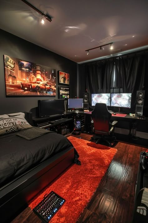 Room Design For Men, Home Decor Ideas Men, Gaming Room Design, Room Ideas Men, Small Room Setup, Studio Room Design, Room Ideas For Men Bedroom, Gaming Bedroom, Men Bedroom