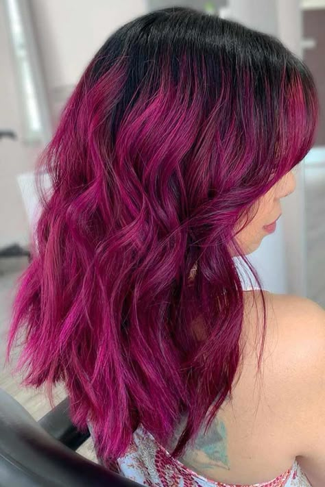 Amazing Magenta Hair Color Ideas ★ Black To Magenta Ombre Hair, Viva Magenta Hair Color, Jewel Toned Hair Color, Magenta Hair Dark Roots, Black And Fuschia Hair, Pravana Vivids Color Chart, Hot Pink Hair With Dark Roots, Fushia Hair Color Magenta, Radiant Orchid Hair Color