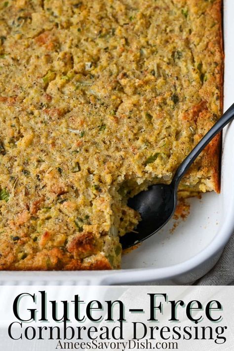 This gluten-free cornbread dressing offers a delicious alternative to a traditional Southern favorite. You won’t even notice the difference!  via @Ameessavorydish Paleo Dressing Thanksgiving, Gluten Free Side Dish For Thanksgiving, Gluten Free Cornbread Pudding, Best Gluten Free Cornbread Recipe, Gluten Free Thanksgiving Dressing, Gluten Free Cornbread Stuffing Recipes, Cornbread Dressing Gluten Free, Gf Dressing Thanksgiving, Keto Cornbread Dressing