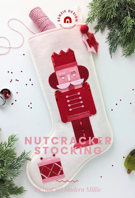 Embellish our classic felt stocking with this monochromatic nutcracker! Our new Nutcracker Stocking pattern includes a color selection guide, nutcracker pattern and templates, stocking pattern and alphabet pattern for personalization. It also has three different designs to adorn the stocking toe! Skill Level: IntermediateTime: 8 hours Additional Supplies: Sewing MachineRuler Supplies listed are for the Red nutcracker, which will be demonstrated in this tutorial. Refer to Color Selec Free Stocking Pattern, Felt Nutcracker, Nutcracker Stocking, Nutcracker Pattern, Christmas Stocking Pattern Free, Red Nutcracker, Stocking Pattern Free, Christmas Stockings Sewing, Stocking Tutorial