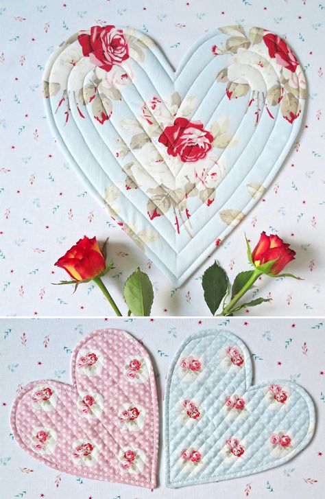 Free heart placemat coaster pattern Valentines Fabric Crafts, Valentine Table Runner Pattern Free, Sew Coasters, Valentines Placemats, Valentine Placemats, Valentine Sewing, Heart Placemats, Valentines Coasters, Heart Coaster