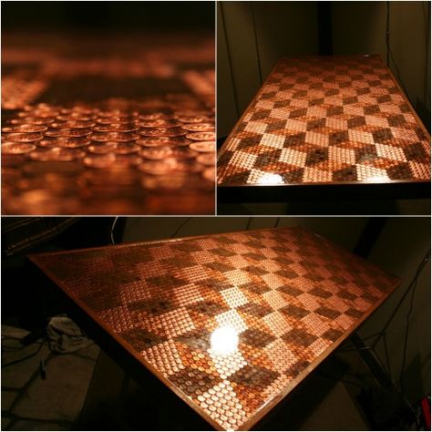 Finished Tabletop - How to Make a Penny Tabletop with 5000 Pennies and Some Spare Time Penny Decor, Penny Table Tops, Penny Floor Designs, Penny Table, Penny Floor, Octagon Table, Rustic Bathroom Designs, Diy Coffee Table, Table Top Design