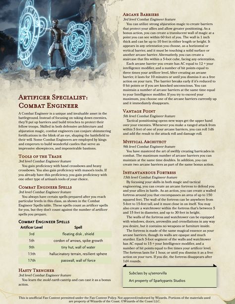 Artificer Specialist: Combat Engineer. Become an architect of the battlefield with magical barriers and stairs that get you to the high ground. : UnearthedArcana Dnd Artificer Character Design, Dnd Artificer, Combat Engineer, D D Classes, Dnd Stories, D D Character Ideas, Dnd Races, Dnd Classes, Dnd Funny