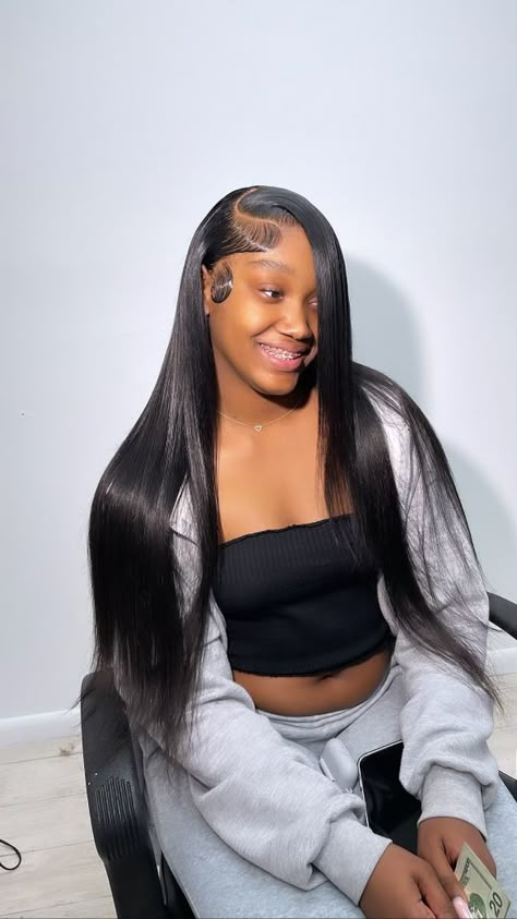 Deep Side Part Wig Straight, Straight Wig Hairstyles, Side Part Straight, Long Sleeve Mermaid Prom Dress, Bday Hair, Deep Side Part, Hair Details, Lil Girl Hairstyles, Sleek Ponytail Hairstyles