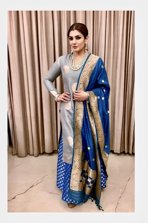 Sharara With Jacket, Banarasi Suit Designs Latest, Banarasi Suit Designs, Blue Indian Dress, Suits Design Latest, Raveena Tandon, Banarasi Suit, Velvet Dress Designs, Indian Designer Suits