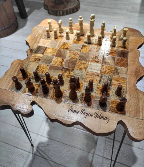 18" x 18" x 15" Handmade Walnut and Olive Wood Chess, Hand-Carved Chess Board , Special Chess Set and Pieces Handmade Chess Board, Live Edge Walnut Dining Table, Chess Art, Chess Boards, Chess Table, Wood Chess, Walnut Dining Table, Diy Resin Art, Diy Resin