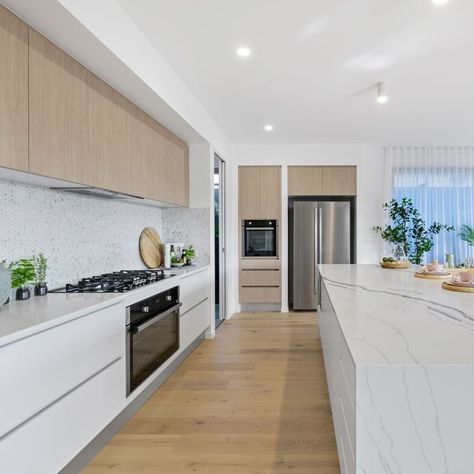 Kitchen Cabinet White And Wood, Coastal Interior Kitchen, Grey White Timber Kitchen, Light Grey Benchtop Kitchen, White Kitchen Wooden Benchtop, White And Timber Kitchen Modern, Coastal Vibes Decor, White Timber Kitchen, Timber And White Kitchen