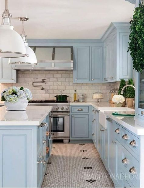 Beautiful Blue Farmhouse Kitchens that Will Inspire You! - The Cottage Market Light Blue Cabinets, Kitchen With Blue Cabinets, Model Dapur, Blue Cabinets, Coastal Kitchen, Antique Kitchen, Blue Kitchen, Blue Kitchens, Design Jobs