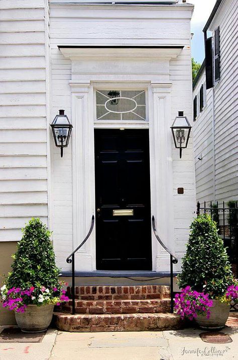 Indoor Steps, Wrought Iron Porch Railings, Iron Railings Outdoor, Front Door Landscaping, Porch Handrails, Columbia House, Garage Stairs, Painted Brick Exteriors, Brick Porch